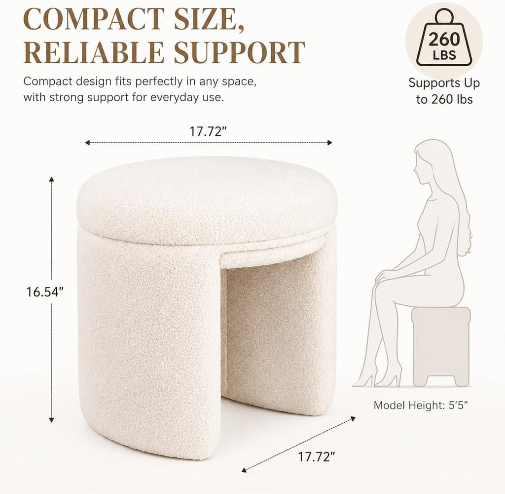 Beige Sherpa Round Ottoman Stool