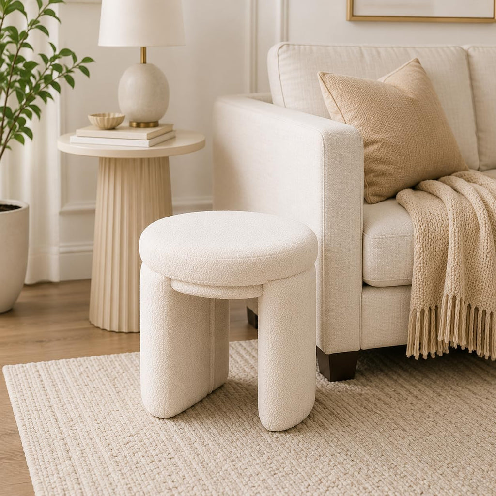 Beige Sherpa Round Ottoman Stool