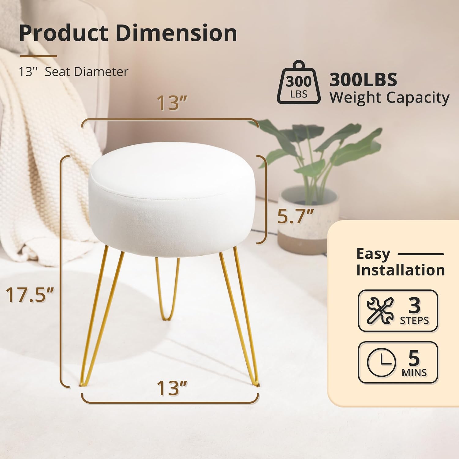White Velvet Round Vanity Stool