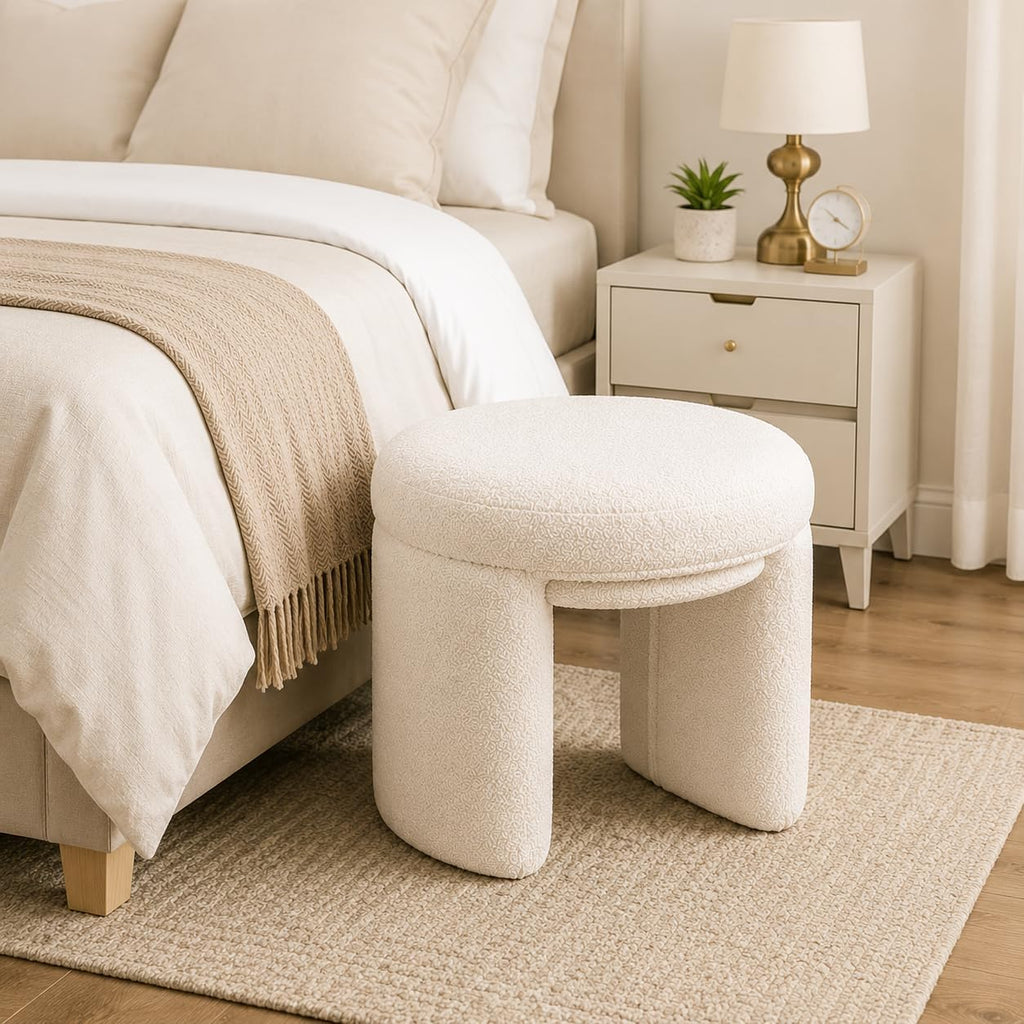 Beige Sherpa Round Ottoman Stool